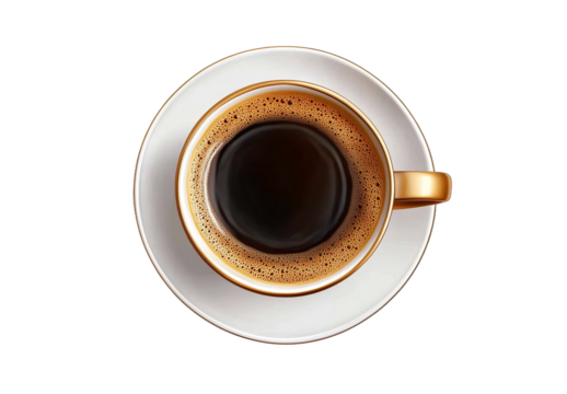 A cup of black coffee with foam top view isolated on a white background a photorealistic image