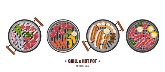 Vector illustration of cooking grilled beef steak Barbecue and vegetables on a charcoal grill with kitchen utensils Top view isolated on white For elements in designing food menus.