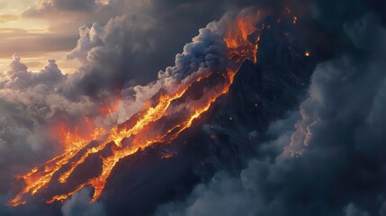 An aerial view of a volcanic eruption in Iceland, showing lava flowing down the side of the mountain. The sky is dramatic with dark clouds and the lava is glowing red and orange.