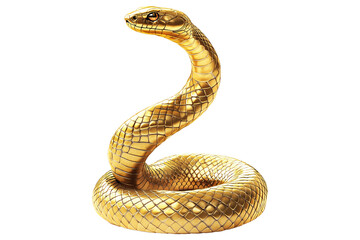 Fototapeta premium Coiled golden snake sculpture with detailed scales isolated on white background, reptiles or wildlife