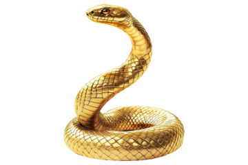 Coiled golden snake sculpture with detailed scales isolated on white background, reptiles or wildlife