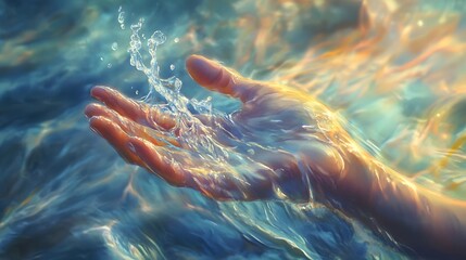 Fototapeta premium Hand Receiving Water Splashing Sunlight