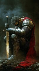 A knight in full armor, kneeling with his head bowed to the ground and tears streaming down from beneath an eye patch