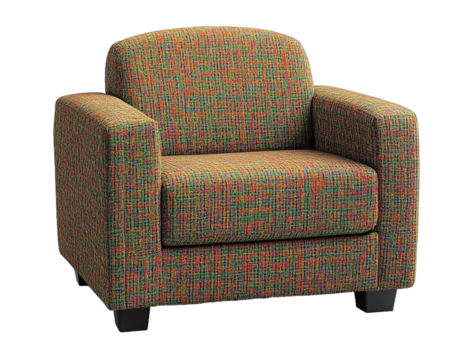 Photograph of an armchair with square arms featuring a woven pattern of green and orange fabric.