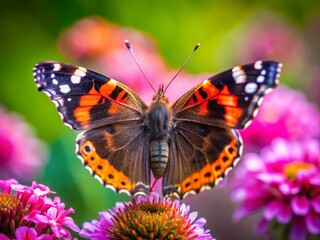 Obraz premium Red Admiral Butterfly Close-Up on Flower, Slow Motion, Nature Photography