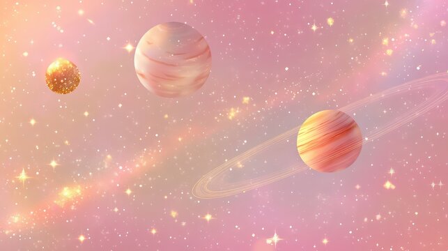 An artistic rendering of the solar system with planets and shimmering golden stars set against a soft pink background. Ideal for cosmic-themed decor, children&rsquo;s illustrations, educational materials,