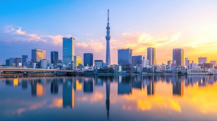 Tokyo skyline at sunset reflected in water.