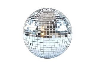 A shiny disco ball with mirror-like reflections set against an isolated white background