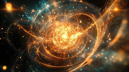 Obraz premium Quantum mechanics in financial modeling, visualized with glowing quantum algorithms calculating complex data trends