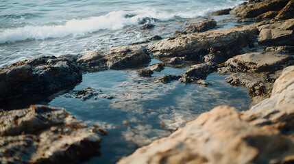 A rocky shoreline with tide pools teeming with marine life and waves crashing against jagged rocks in the distance.