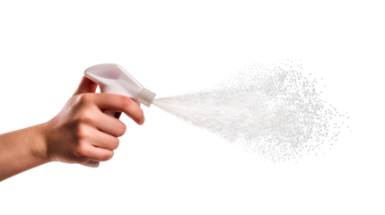 A hand holding a small spray, isolated on white background
