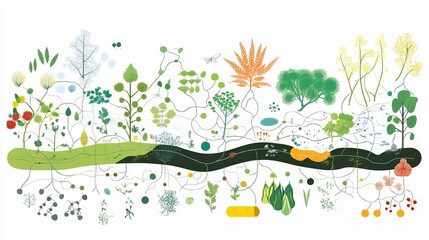 Symbolic representation of plant ecology diagrams highlighting interconnected ecosystems nutrient cycles