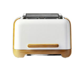 a toaster with wooden elements in white and gold color on an isolated background front view product photography