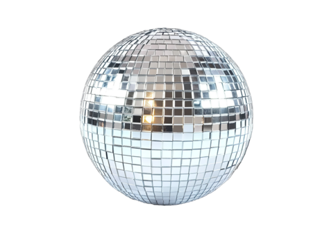 A shiny disco ball with mirror-like reflections set against an isolated white background