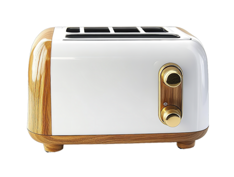 A toaster with wood grain accents in white and gold color scheme on an isolated background