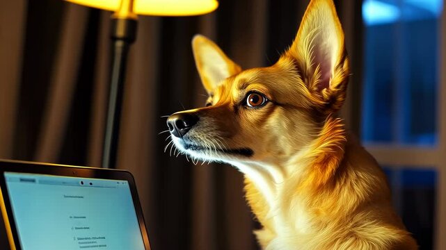 Dog examines laptop.Corgi learns code.Nighttime technology interaction.Canine browses web.Pet uses computer indoors.