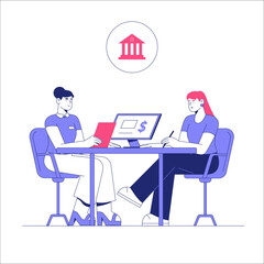 Bank Advisor With Female Client At Desk In Flat Vector Illustration Symbolizing Financial Consultation, Banking Services, And Investment, Isolated On White Background.