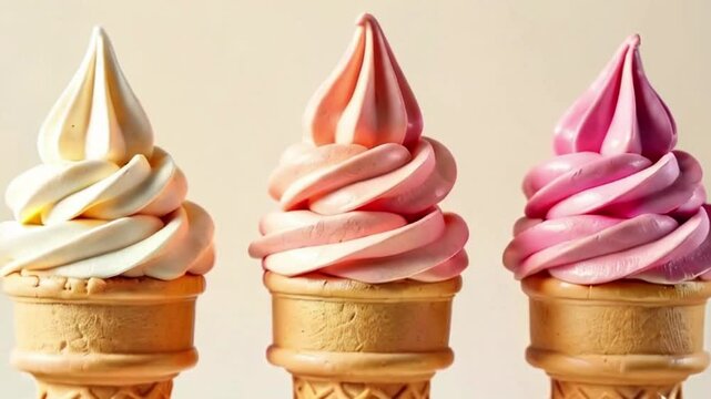video ice cream cone. Three ice cream cones with different flavors on a light background