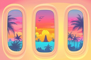 Airplane windows with tropical Bali island landmarks and palm trees colorful views. Editable vector illustration for banners and posters