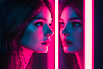 Naklejka premium A woman gazing into a digital mirror with her reflection illuminated by neon pink light, exploring technology and self-perception.