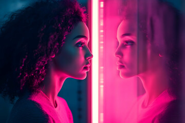 Obraz premium A woman gazing into a digital mirror with her reflection illuminated by neon pink light, exploring technology and self-perception.
