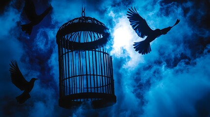 Silhouetted birds flying around an empty birdcage against a dramatic blue sky backdrop