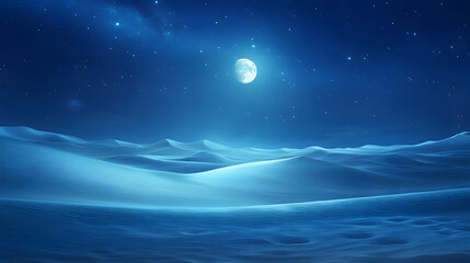 Naklejka premium A serene desert landscape with vast dunes under a starry night sky illuminated by soft moonlight.