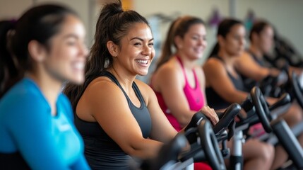 Group of diverse young women enjoying spin class workout in gym
