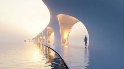Obraz premium Futuristic bridge at sunset, person silhouette.