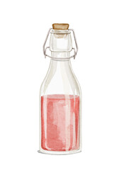 Watercolor vintage glass bottle with red berry drink lemonade isolated on white background. Hand drawn illustration sketch
