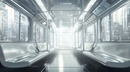 Fototapeta premium Modern futuristic subway car interior with city view.