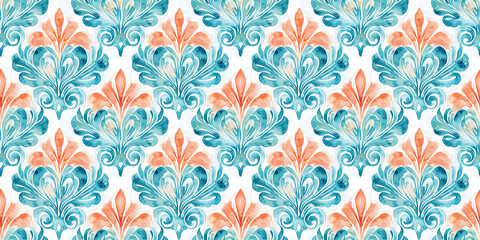 Painted turquoise and gold watercolor sheet in the form of an arabesque floral geometric shell, seamless pattern..