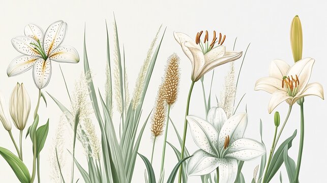 Depiction of monocots detailed illustrations of grasses and lilies