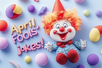 A clown with a red hat and orange hair is sitting on a blue background with a bunch of colorful balls. The text reads "April Fools Jokes!" above the clown