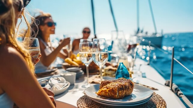 Group of young caucasian women enjoying a summer meal on a sailing boat