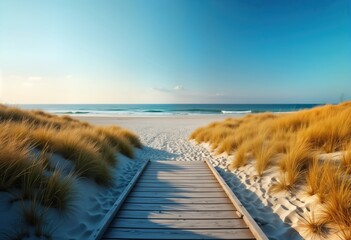 Wooden path leads to beautiful North Sea beach. Sandy shore meets ocean. Golden grass dunes frame path. Sunny day. Peaceful scenery. Relaxing holiday vacation destination. Ideal for travel photos
