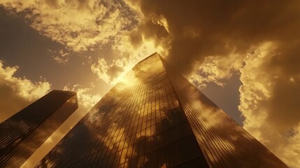 Skyscrapers reflecting sunset, dramatic clouds.