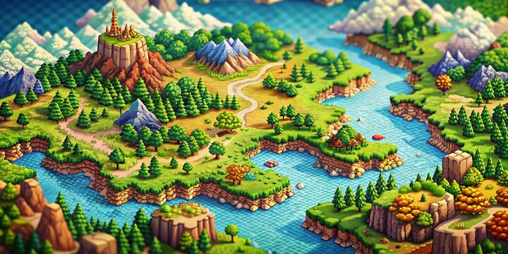 Retro 8-Bit RPG Game Map, Pixel Art Overworld, Diverse Terrain, Bokeh Effect