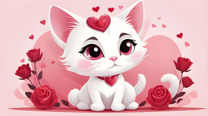 Fototapeta premium cartoon cat on the background of hearts