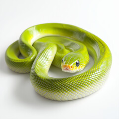 Fototapeta premium Closeup of bright green snake with detailed scales, coiled and resting isolated on white transparent background