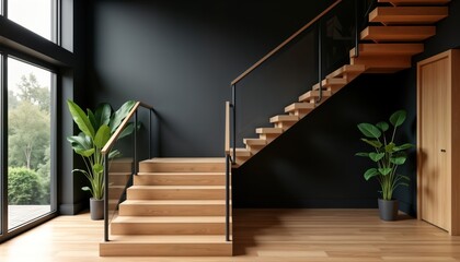 Modern home interior elegant black oak staircase with glass railing against dark walls. Natural wood grain steps, black walls create stylish contrast. Wood flooring complements design. Potted plants