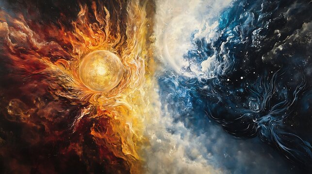 Dualism versus monism represented opposing abstract elements merging into unity symbolizing philosophical debates on the nature of existence