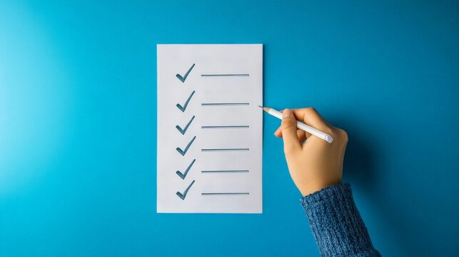 Hand of young caucasian female checking items on a list against blue background