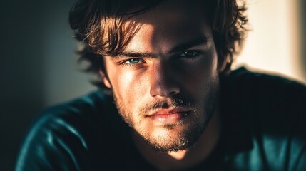 Fototapeta premium Close-up portrait of a young man with intense gaze, highlighted by dramatic lighting.