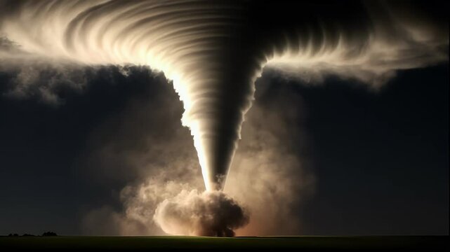 Giant towering tornado spins under dark stormy clouds on nature environment landscape