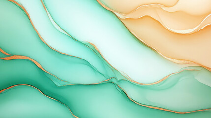 An abstract background with flowing, wavy lines and shapes in shades of green, beige and gold, textured surface.  Abstract art, fluid texture and background design.