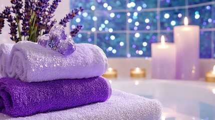 Soft, plush towels in shades of purple stacked beside a serene bath with candles and lavender