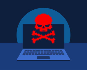 Cyber attack or cyber hacking. Laptop with bright red skull and crossbones symbol as a warning of cybercrime and malware in front of dark blue background. Simplified vector illustration.