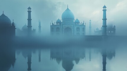 Misty Taj Mahal Reflecting in Still Water, Surrounded by Fog, Architectural marvel, Iconic structure