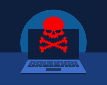 Cyber attack or cyber hacking. Laptop with bright red skull and crossbones symbol as a warning of cybercrime and malware in front of dark blue background. Simplified vector illustration.